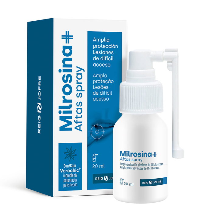 Milrosina Spray Aftas 20 ml, Alivio y Protección para Mucosa Oral, Ácido Hialurónico y Algas Rojas, Cicatrización Rápida, Sin Alcohol