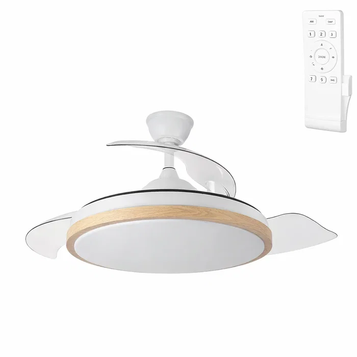 Ventilador DC Blanco/Haya 59W 6980lm 3000-4000-6000k 3 Velocidades Ajustables 6 Aspas Plegables 107cm Ventilador DC Blanco/Haya 59W 6980lm 3000-4000-6000k 3 Velocidades Ajustables 6 Aspas Plegables 107cm