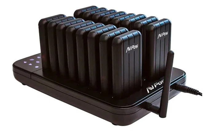 Avpos AVP-AC-T16 Avisador de clientes con 16 localizadores y base de carga, Negro