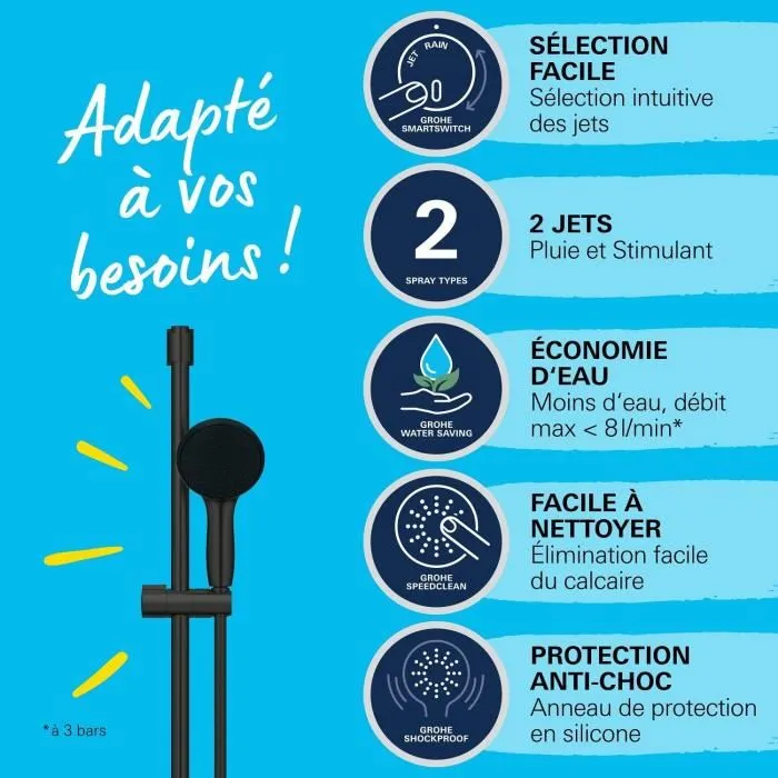 Grohe 279482431 Set de Ducha Vitalio Start 110 Negro Mate con Rociador 2 Chorros, Barra 60cm y Flexo 1.75m Ahorro de Agua