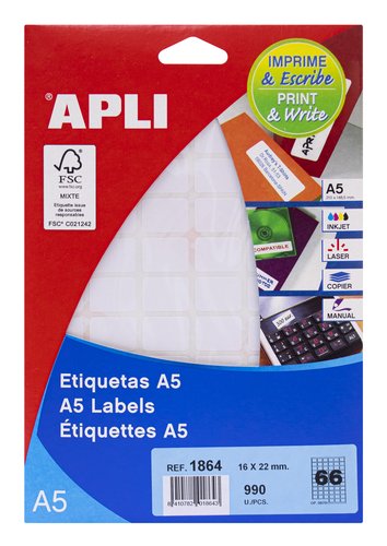 Apli Etiquetas Adhesivas Blancas 16x22mm Formato A5 Apli Etiquetas Adhesivas Blancas 16x22mm Formato A5