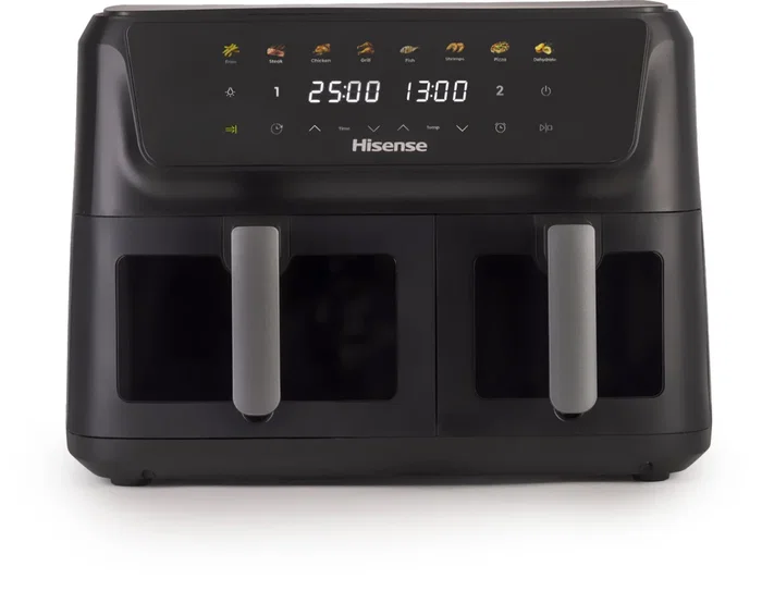 Hisense HAF2700DCD Freidora de Aire Doble 11 Litros Independiente, 2700W, 8 Programas, Función Horneado, Pantalla Táctil, Color Negro