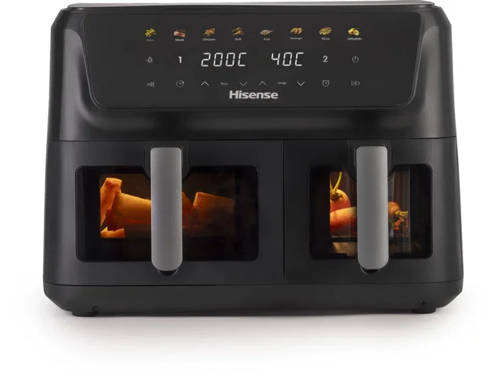 Hisense HAF2700DCD Freidora de Aire Doble 11 Litros Independiente, 2700W, 8 Programas, Función Horneado, Pantalla Táctil, Color Negro