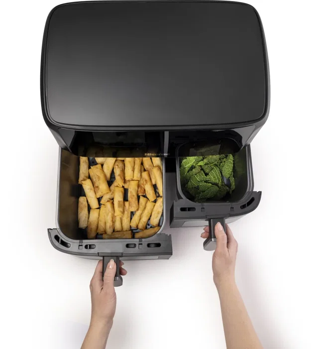 Hisense HAF2700DCD Freidora de Aire Doble 11 Litros Independiente, 2700W, 8 Programas, Función Horneado, Pantalla Táctil, Color Negro