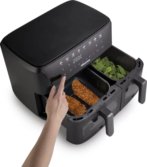 Hisense HAF2700DCD Freidora de Aire Doble 11 Litros Independiente, 2700W, 8 Programas, Función Horneado, Pantalla Táctil, Color Negro
