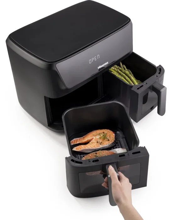 Hisense HAF2700DCD Freidora de Aire Doble 11 Litros Independiente, 2700W, 8 Programas, Función Horneado, Pantalla Táctil, Color Negro