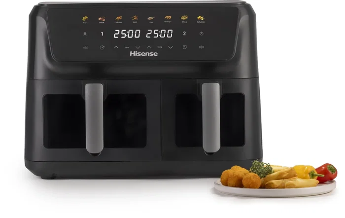 Hisense HAF2700DCD Freidora de Aire Doble 11 Litros Independiente, 2700W, 8 Programas, Función Horneado, Pantalla Táctil, Color Negro