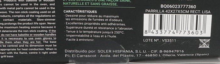 Quttin Parrilla Rectangular Lisa 42 x 27 x 5 cm (6 Unidades)