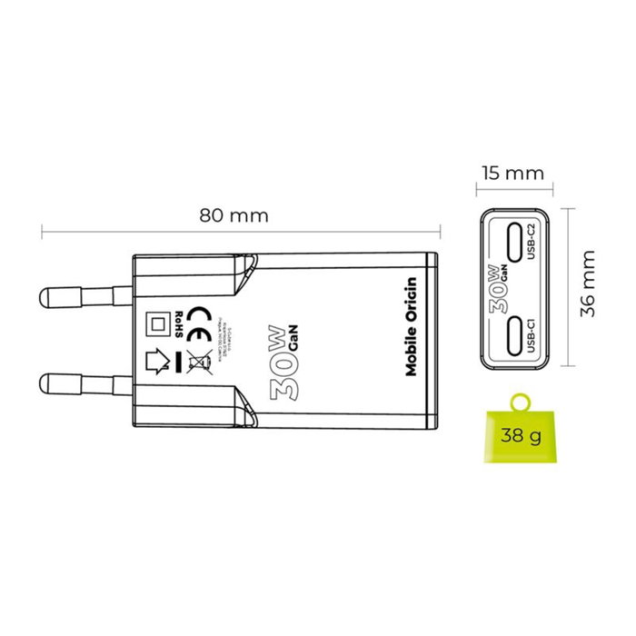 Mobile Origin 30W Slim Charger TÜV MO18 Dual USB-C Blanco