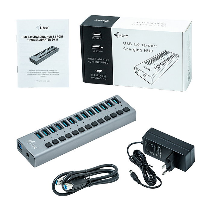I-TEC Hub USB 3.0 de 13 Puertos con Cargador 60W, color gris