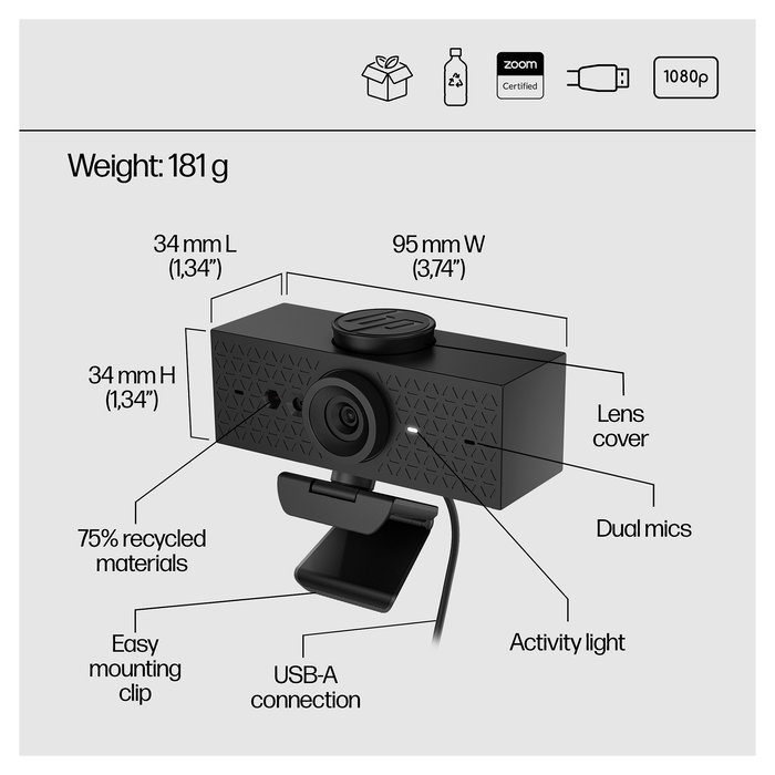 HP Webcam 620 FHD 1080p 60fps Cámara Web con Micrófono Incorporado HP Webcam 620 FHD 1080p 60fps Cámara Web con Micrófono Incorporado