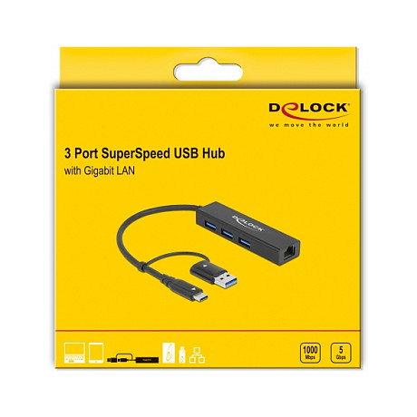 DeLOCK 3 Port USB 3.2 Gen 1 Hub + Gigabit LAN con conector USB Type-C o Tipo-A, 3 puertos USB, Ethernet, Plug and Play, Negro, Compatible con Windows, macOS, Linux, ChromeOS