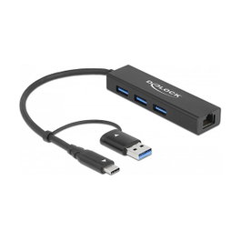 DeLOCK Concentrador USB 3.2 Gen 1 de 3 puertos con LAN Gigabit y USB Type-C/Tipo-A 64149