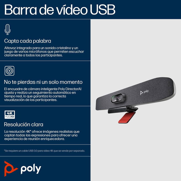 Poly Studio R30 Barra de Vídeo Personal 4K UHD Certificada Zoom y Microsoft Teams Color Arena