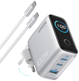 Anker Cargador 100W con Pantalla 2x USB-C y 1x USB-A Plata
