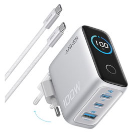 Anker Cargador 100W con Pantalla 2x USB-C y 1x USB-A Plata