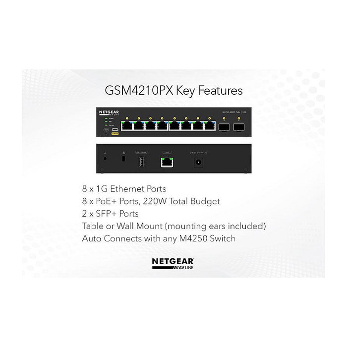 NETGEAR M4250-8G2XF-POE+ Switch Gestionable 8x1G PoE+ 220W, 2x SFP+ NETGEAR M4250-8G2XF-POE+ Switch Gestionable 8x1G PoE+ 220W, 2x SFP+