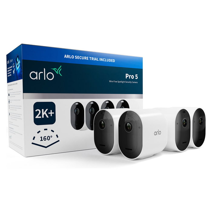 ARLO Pro5 2K+ Cámara de Seguridad Exterior e Interior, Juego de 4 Cámaras Inalámbricas, Resolución 1440 x 2560 Pixeles, Visión Nocturna, Montaje Techo/Pared