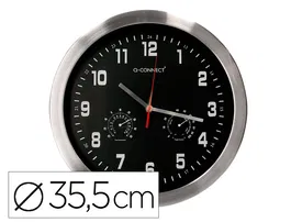 Q-connect Reloj de Pared Metálico Redondo 35.5 cm Movimiento Silencioso Cromado Esfera Negra