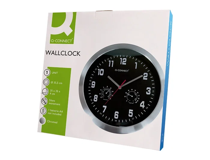 Q-connect Reloj de Pared Metálico Redondo 35.5 cm Movimiento Silencioso Cromado Esfera Negra Q-connect Reloj de Pared Metálico Redondo 35.5 cm Movimiento Silencioso Cromado Esfera Negra