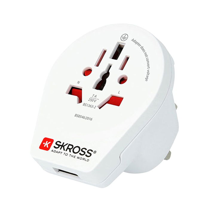Skross Adaptador Mundial a Reino Unido con USB 1500267 Diseñado en Suiza Ideal para Equipos con Enchufes con y sin Tierra Salida USB Tipo A Máx 2.4A