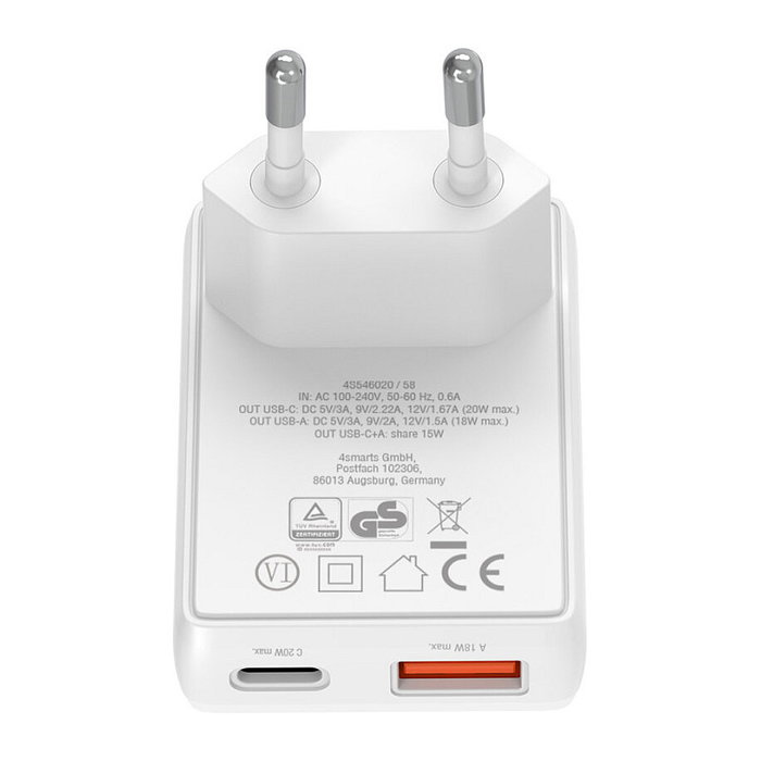 4smarts Cargador FlatPlug Duos 546020, 20W GaN, Carga Rápida, 1 USB-C y 1 USB-A, Blanco 4smarts Cargador FlatPlug Duos 546020, 20W GaN, Carga Rápida, 1 USB-C y 1 USB-A, Blanco
