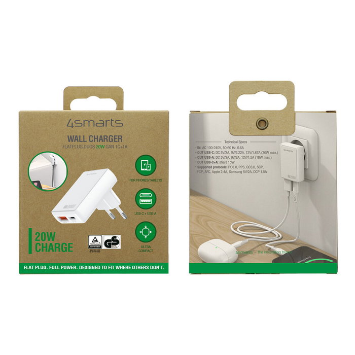 4smarts Cargador FlatPlug Duos 546020, 20W GaN, Carga Rápida, 1 USB-C y 1 USB-A, Blanco 4smarts Cargador FlatPlug Duos 546020, 20W GaN, Carga Rápida, 1 USB-C y 1 USB-A, Blanco