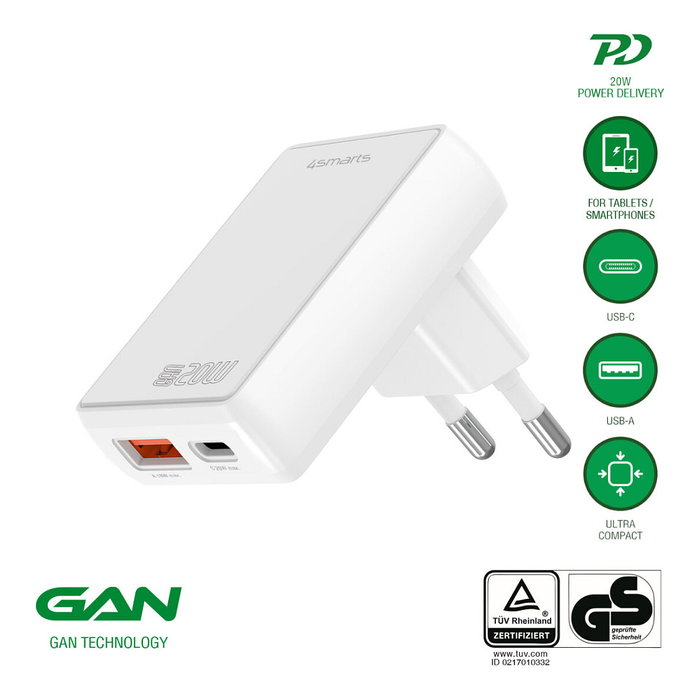 4smarts Cargador FlatPlug Duos 546020, 20W GaN, Carga Rápida, 1 USB-C y 1 USB-A, Blanco 4smarts Cargador FlatPlug Duos 546020, 20W GaN, Carga Rápida, 1 USB-C y 1 USB-A, Blanco