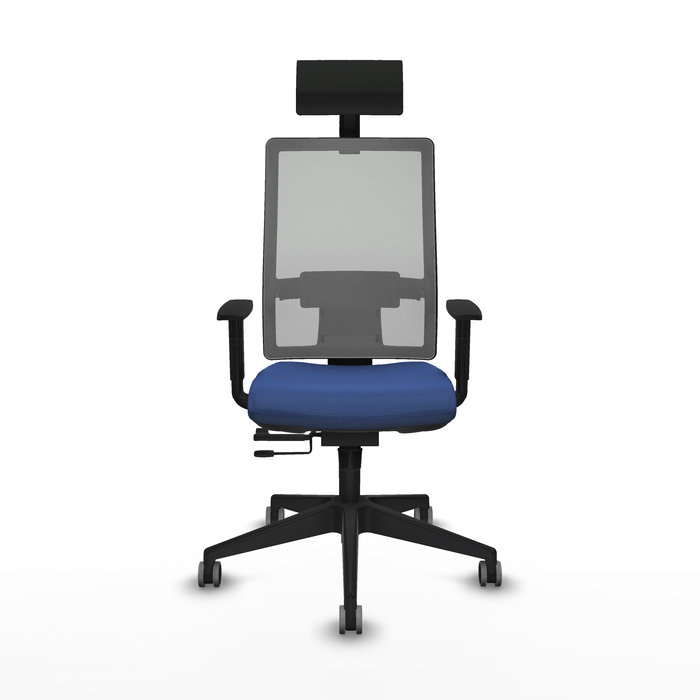 Silla de oficina Horna con mecanismo Sincro/Traslack tapizada con Tela color Azul marino y malla color Gris. Equipada con lumbar 1D, Brazos 1D, Cabecero Fijo y Ruedas 65 mm parqué