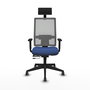 Silla de oficina Horna con mecanismo Sincro/Traslack tapizada con Tela color Azul marino y malla color Gris. Equipada con lumbar 1D, Brazos 1D, Cabecero Fijo y Ruedas 65 mm parqué