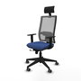 Silla de oficina Horna con mecanismo Sincro/Traslack tapizada con Tela color Azul marino y malla color Gris. Equipada con lumbar 1D, Brazos 1D, Cabecero Fijo y Ruedas 65 mm parqué