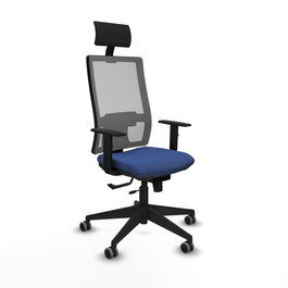 Silla de oficina Horna con mecanismo Sincro/Traslack tapizada con Tela color Azul marino y malla color Gris. Equipada con lumbar 1D, Brazos 1D, Cabecero Fijo y Ruedas 65 mm parqué