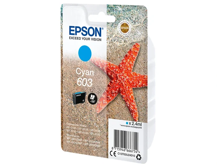 Epson Cartucho de Tinta 603 Cian Rendimiento Estándar C13T03U24020