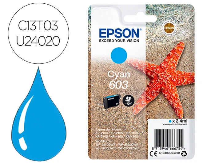 Epson Cartucho de Tinta 603 Cian Rendimiento Estándar C13T03U24020