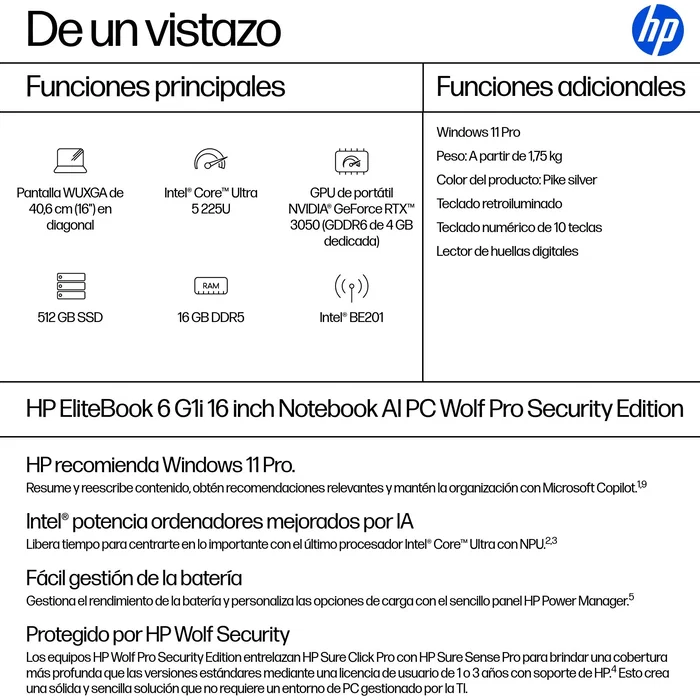 HP EliteBook 6 G1i Intel Core Ultra 5 225U 16 GB 512 GB SSD 16 pulg WUXGA Plata