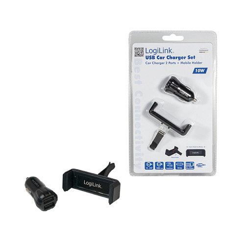 LogiLink Conjunto de cargador USB para coche con 2 puertos y soporte