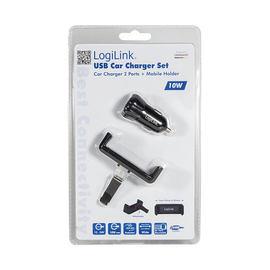 LogiLink Conjunto de cargador USB para coche con 2 puertos y soporte