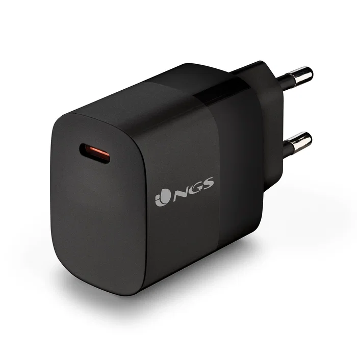 NGS Cargador de Pared GaN 20W Ultrarrápido con PPS y PD 3.0 - Negro - 1 Puerto USB-C - Para Smartphone y Tablet - Con Enchufe Tipo F (UE)