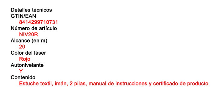 BELLOTA Nivel Láser 2 Planos 20 m Luz Roja NIV20R BELLOTA Nivel Láser 2 Planos 20 m Luz Roja NIV20R