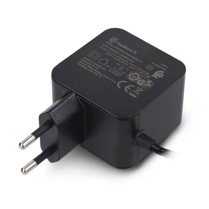 Raspberry Pi Fuente de Alimentación USB-C 27W para Raspberry Pi 5, Cargador Compatible con Periféricos de Alta Potencia, 5.1V/5A, 9V/3A, 12V/2.25A, 15V/1.8A