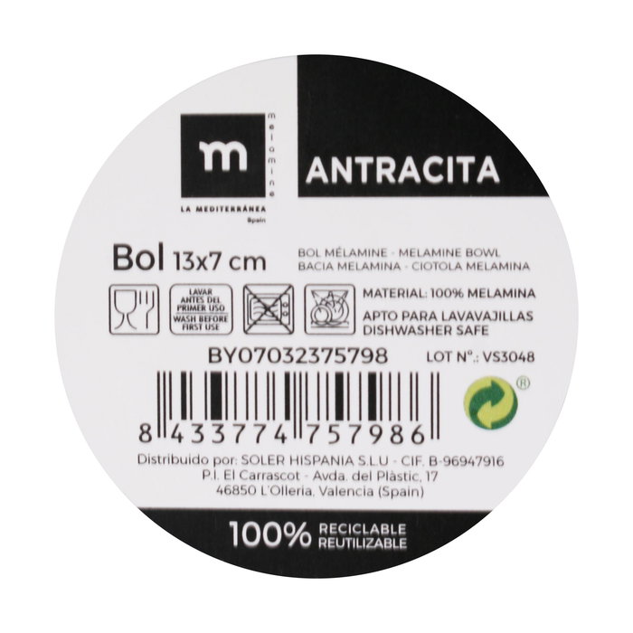La Mediterranea Bol Melamina Antracita 13 x 7 cm (24 Unidades)