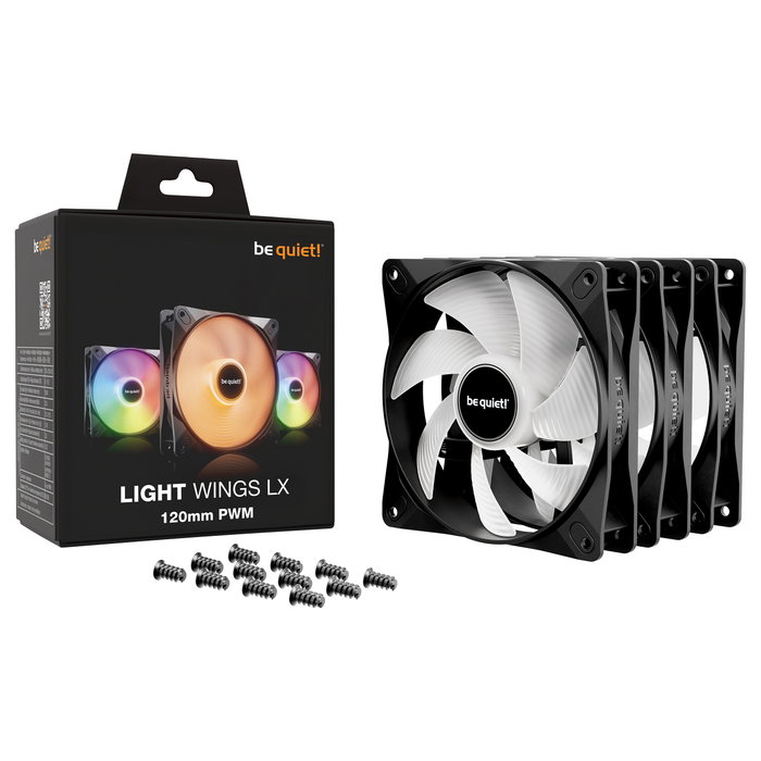 be quiet! LIGHT WINGS LX Ventilador 120mm PWM, Negro, Triple-Pack de 3, 1600 RPM, 87.5 m3/h Flujo de Aire, 25.5 dB, Iluminación LED RGB, Conectores 4-Pin y 3-Pin, Incluye Tornillos