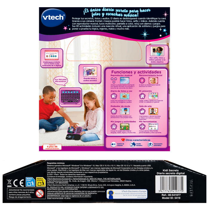 V-TECH Kidisecrets Diario Secreto Digital Interactivo en Español, Negro, 80-541977, con Teclado, Pantalla Color, Cámara, Lector MP3 y Juegos para Niños +5 Años