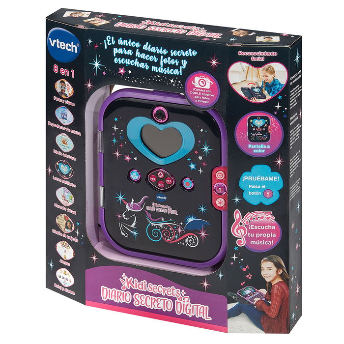 V-TECH Kidisecrets Diario Secreto Digital Interactivo en Español, Negro, 80-541977, con Teclado, Pantalla Color, Cámara, Lector MP3 y Juegos para Niños +5 Años