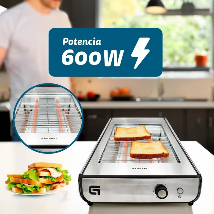 Grunkel TSP-INOX Tostadora Plana para 4 Rebanadas, Acero Inoxidable, 600W con Bandeja Recogemigas Extraíble y 6 Niveles de Tostado