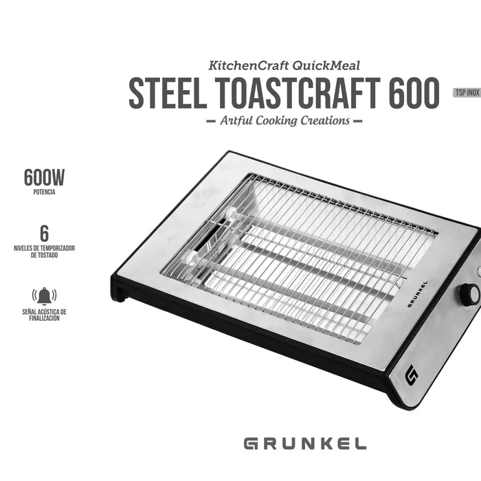 Grunkel TSP-INOX Tostadora Plana para 4 Rebanadas, Acero Inoxidable, 600W con Bandeja Recogemigas Extraíble y 6 Niveles de Tostado