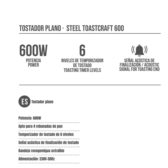 Grunkel TSP-INOX Tostadora Plana para 4 Rebanadas, Acero Inoxidable, 600W con Bandeja Recogemigas Extraíble y 6 Niveles de Tostado