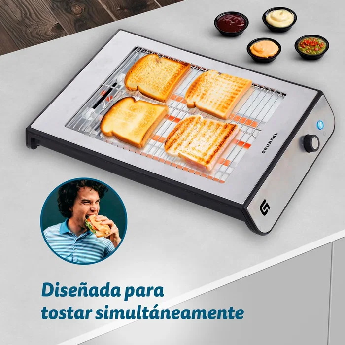 Grunkel TSP-INOX Tostadora Plana para 4 Rebanadas, Acero Inoxidable, 600W con Bandeja Recogemigas Extraíble y 6 Niveles de Tostado