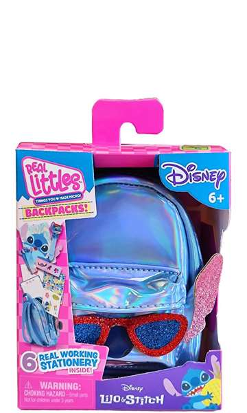 Cefa Mochila Mini de Peluche Real Littles Disney Stitch 10 cm con Doble Bolsillo y 6 Mini Accesorios de Papelería