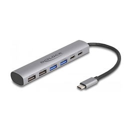DELOCK Concentrador USB 6 Puertos 4x USB-A 2x USB-C, USB 3.2 Gen 1, Gris Aluminio
